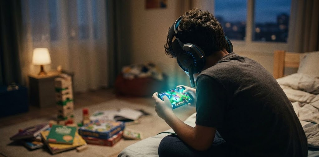 مراهق يستخدم لعبة إلكترونية ضمن صورة برنامج الاستخدام المفرط للشاشات